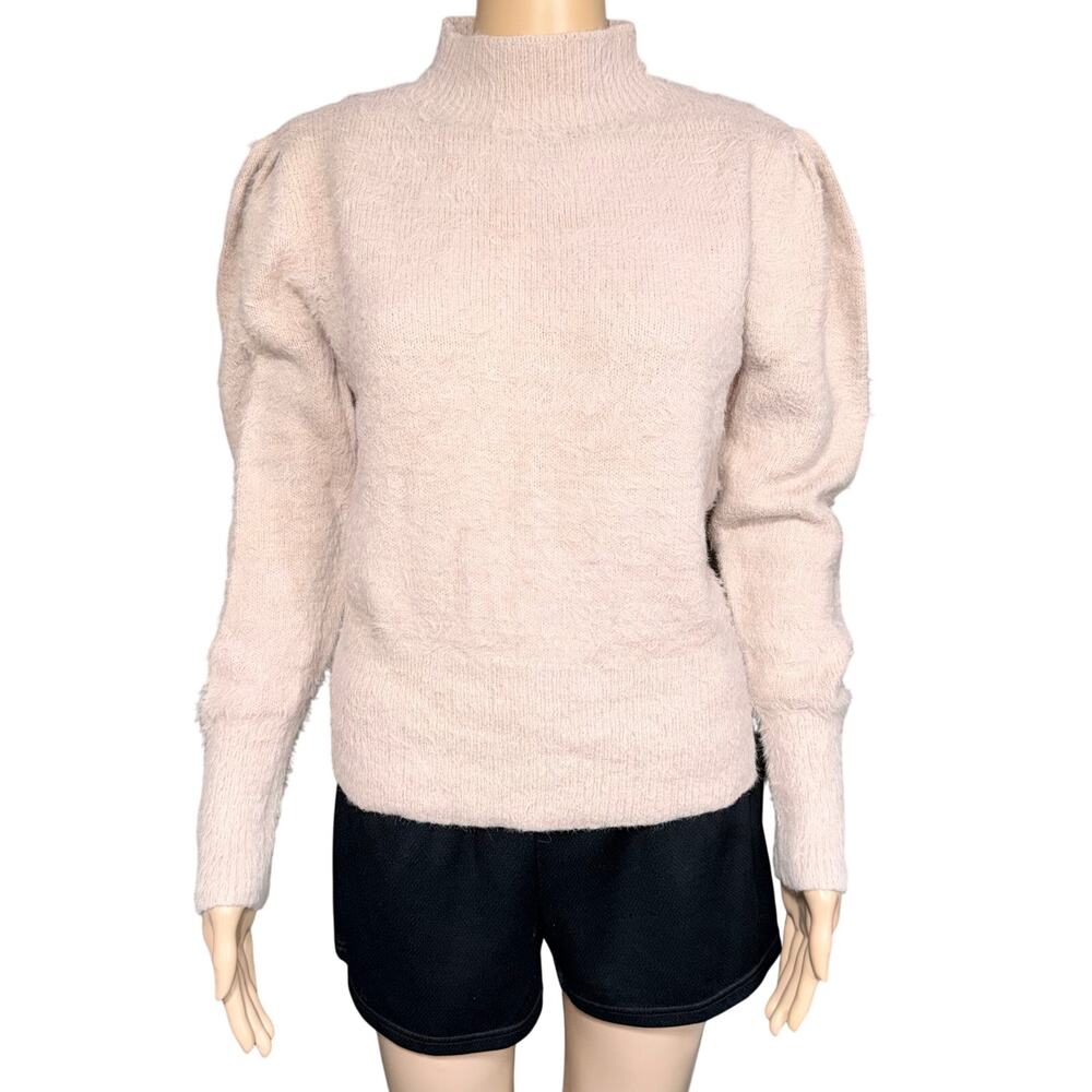 Marled by Reunited Womens Fuzzy Knit Sweater Pullover Mock Neck Puff Sleeve Pink